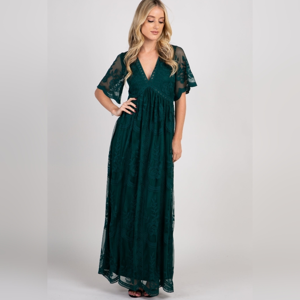 Elegant Deep Green Lace Maxi Dress with V-Neck